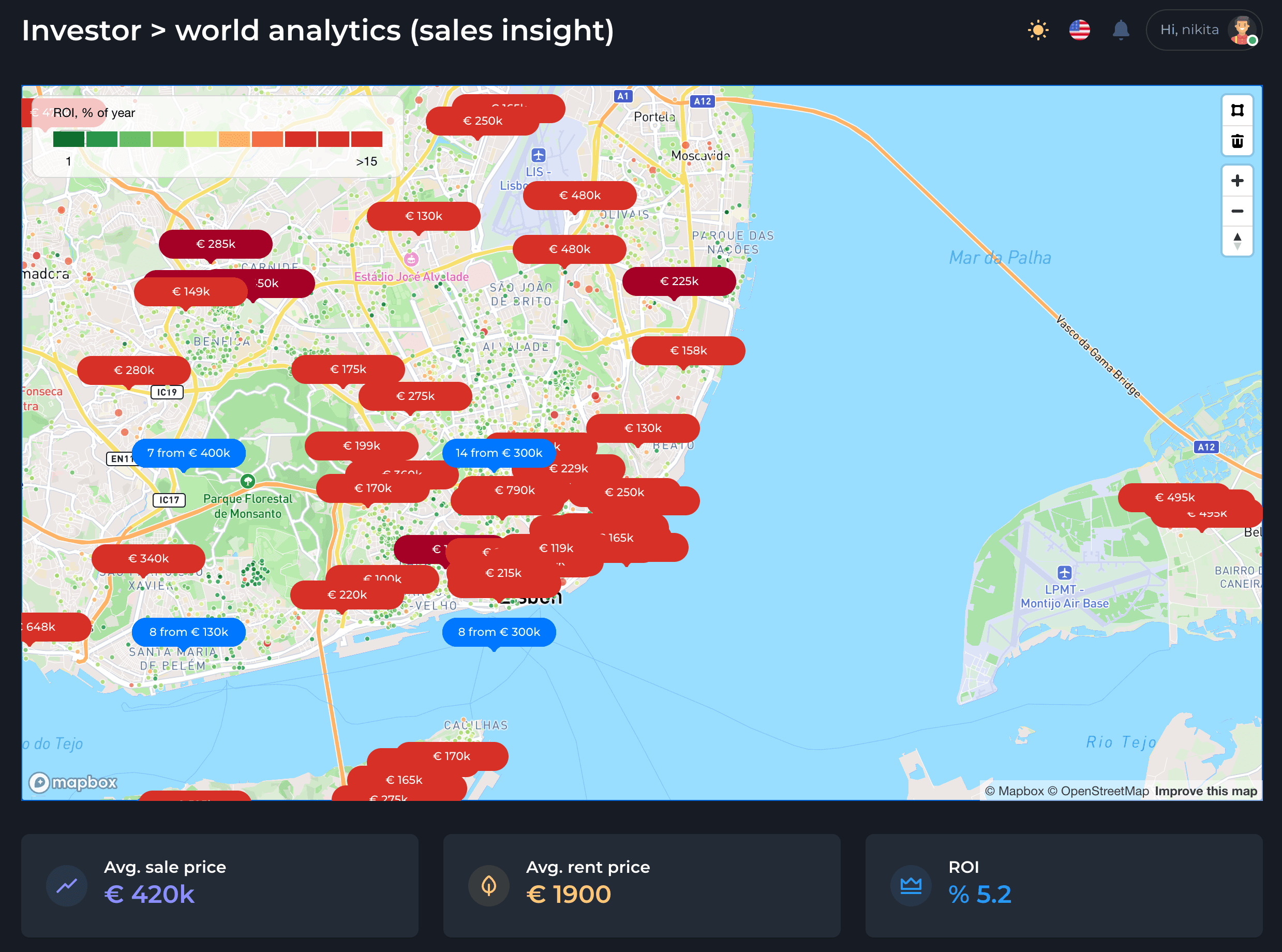 Propertium price and ROI map of Lisbon with listing prices, an ROI scale and average sale price, rent and ROI